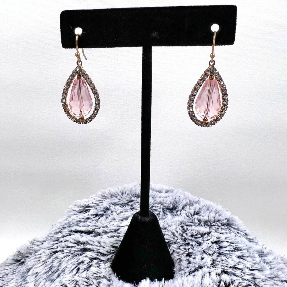 Blush Color Large Faceted Teardrop and Rhinestone 1.25” Gold Tone Earrings